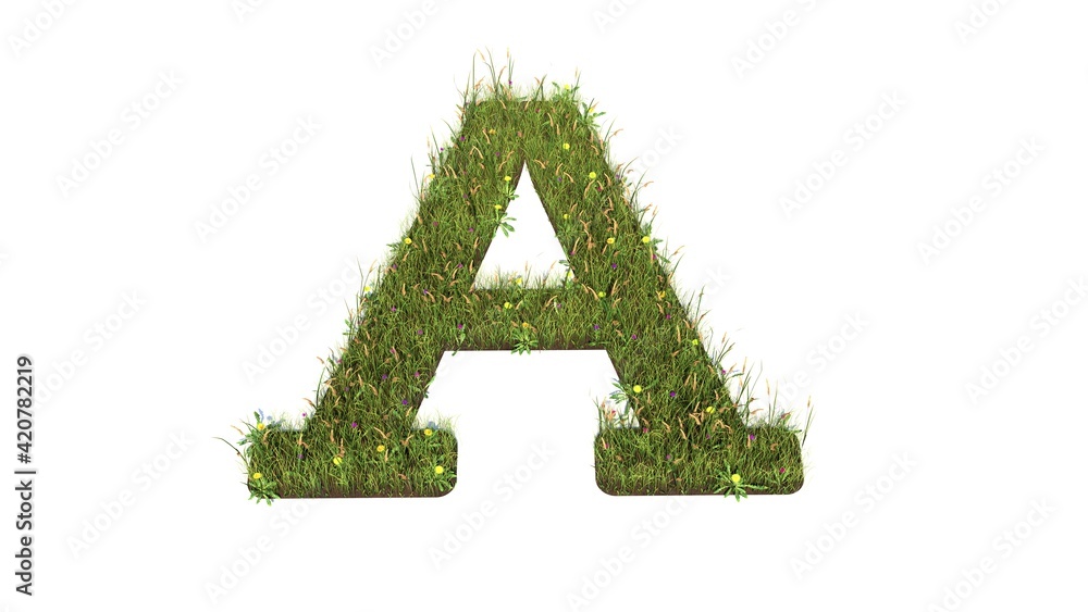 Poster 3d rendered grass field of symbol of font isolated on white background