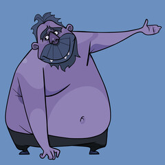 kind cartoon blue monster man points his hand to the side