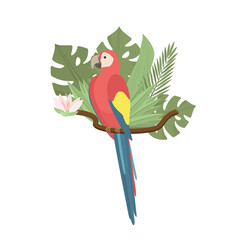 Tropical parrot Ara with  palm and monstera leaves, exotic flower. Exotic colorful bird. Trendy Cartoon Vector illustration. Isolated on white. Good for web and print