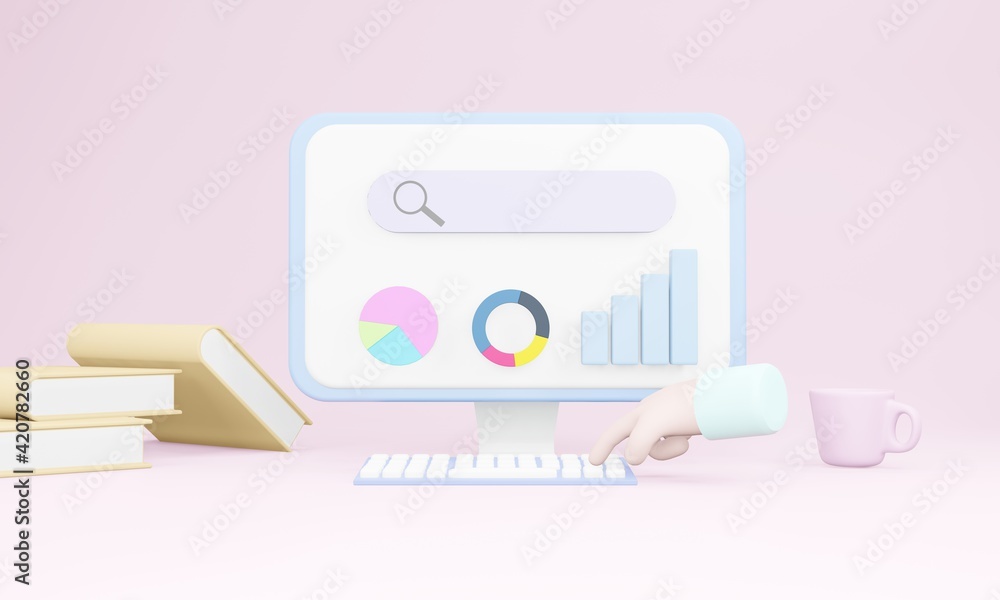 Poster search bar webpage 3d seo optimization, web analytics, and seo marketing concept. 3d rendering