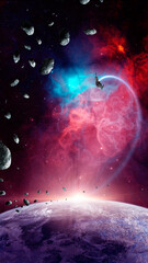 Space background. Spaceship flying in colorful violet nebula with planet and asteroid. Elements furnished by NASA. 3D rendering