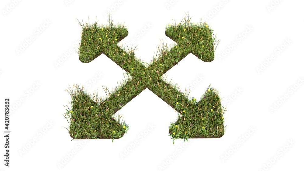 Poster 3d rendered grass field of symbol of expand arrows isolated on white background