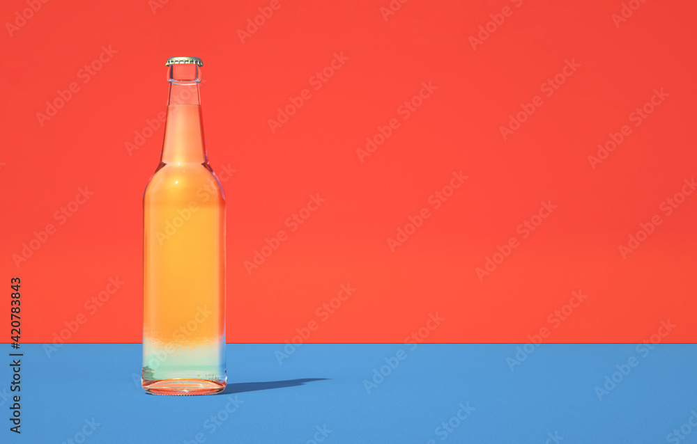 Poster computer graphics image of bottle. glass container with yellow liquid inside. retro red and blue col