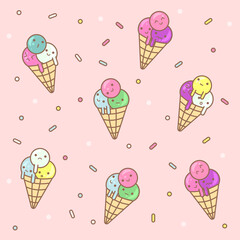 Cute pattern with ice cream on pink background
