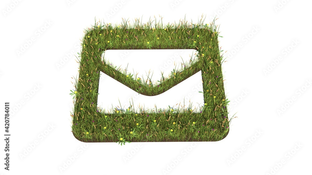 Poster 3d rendered grass field of symbol of envelope square isolated on white background