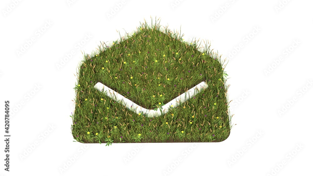 Poster 3d rendered grass field of symbol of envelope open isolated on white background