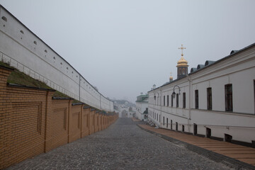 Kiev Pechersk Lavra monastery in Kiev, Ukraine. Orthodox church in the morning fog