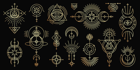 Vector golden set of mystical magic symbols. Spiritual occultism line objects with sun, moon, stars, eyes, sunburst, tribal. Trendy minimal style.