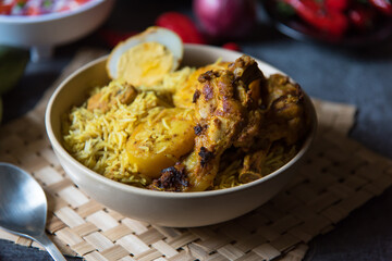 Mughal dish biryani in a bowl with use of selective focus. Close up.