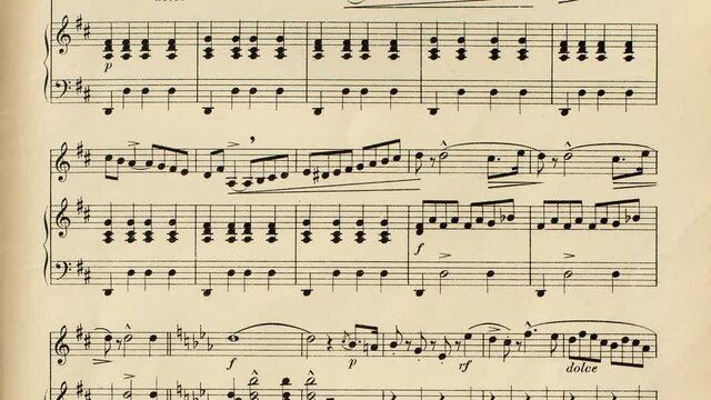 Camera slide over old yellowed music score without lyrics - real paper texture, top down view