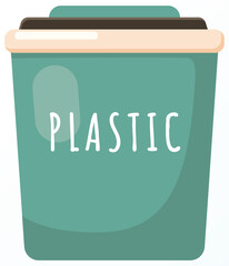 Green large trash can with inscription for collecting plastic garbage, zero waste concept