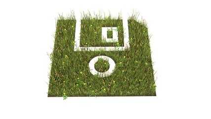 3d rendered grass field of symbol of diskette isolated on white background