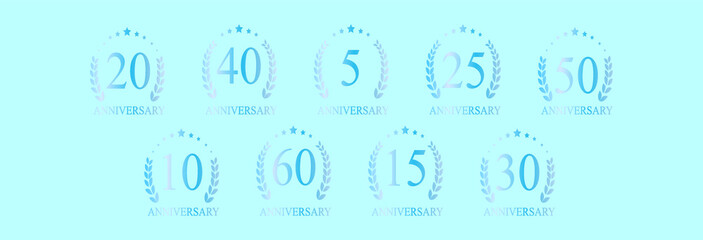 set of anniversary badge cartoon icon design template with various models. vector illustration isolated on blue background