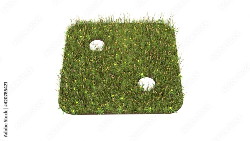 Poster 3d rendered grass field of symbol of dice two isolated on white background