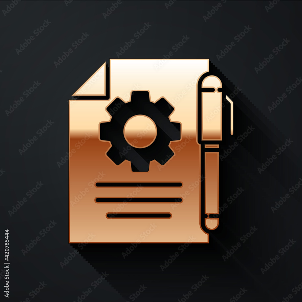 Poster gold document settings with gears icon isolated on black background. software update, transfer proto