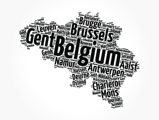 Fototapeta na wymiar List of cities and towns in Belgium, map word cloud collage, business and travel concept background