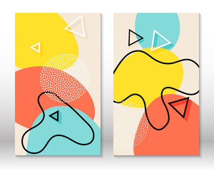 Set of doodle fun patterns. Hipster style 80s-90s. Memphis elements. Fluid coral, blue, yellow colors.