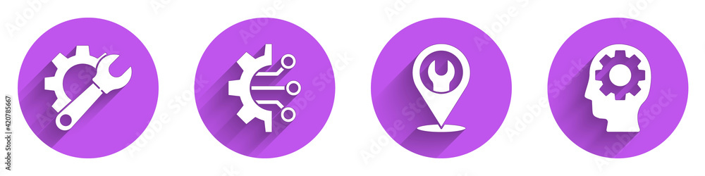 Poster set wrench spanner and gear, algorithm, location with wrench spanner and human head with gear inside