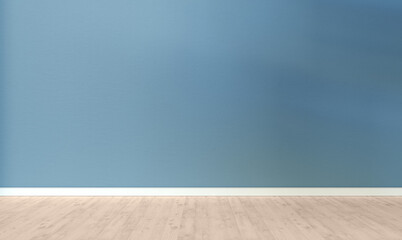 Light blue textured wall and wooden floor in empty room for displaying your product, light coming...
