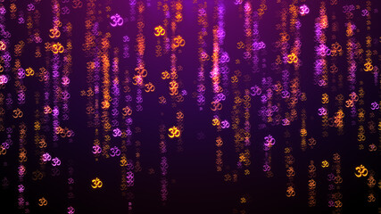 Artistic Gold Purple Abstract Shiny Glitter Hinduism Omkara Devanagari Symbol Confetti Shapes Falling Rain Background - obrazy, fototapety, plakaty