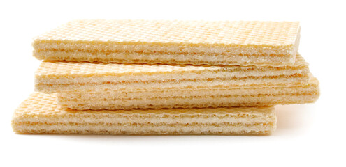 Several crisp waffles are isolated on a white background.