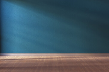 Teal textured wall and wooden floor in empty room for displaying your product, light coming through window.