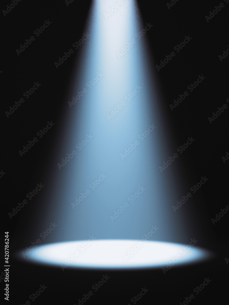 Poster defocused view on empty studio background lit from top by round spotlight. visible light cone. place
