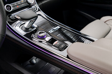 Central panel with gear shift in new modern car