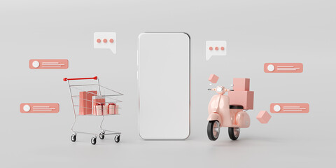 E-commerce concept, Shopping online and delivery service on mobile application, Transportation or food delivery by scooter, 3d rendering