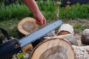 Checking and adjusting the chain tension of the chain saw. A worker checks the tension of the saw chain against a background of sawn logs.