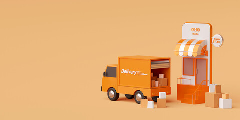 E-commerce concept, Delivery service on mobile application, Transportation delivery by truck, 3d...