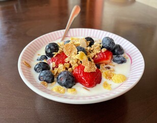 yogurt with cereal, blueberries and strawberries