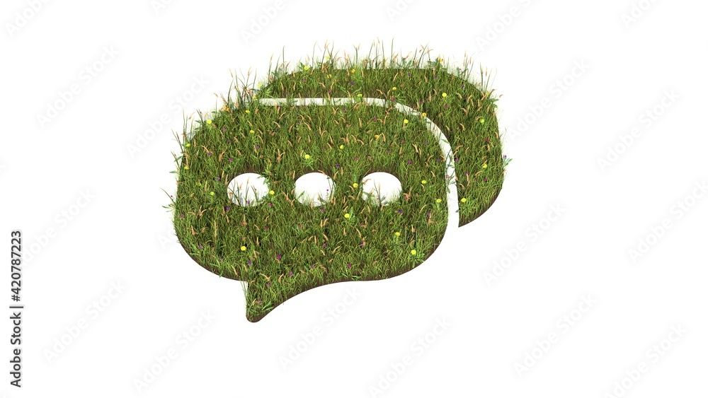 Poster 3d rendered grass field of symbol of two rounded chat bubble isolated on white background