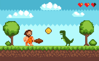 Obraz na płótnie Canvas Pixel art background with primitive man and dinosaur. Pixelated scene with caveman, green dragon
