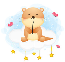 Cute otter fisher with fishing rod on the cloud illustration Premium Vector