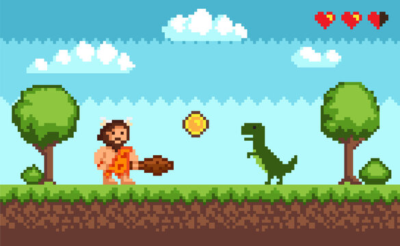Pixel art background with primitive man and dinosaur. Pixelated scene with caveman, green dragon