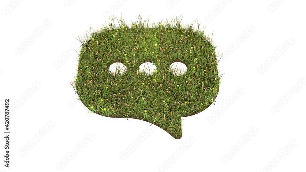 Poster 3d rendered grass field of symbol of rounded chat bubble isolated on white background