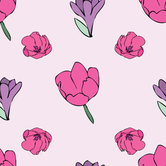 Vector pink background white pink purple color tulips, floral seamless pattern. Seamless pattern background