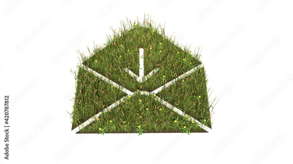 Poster 3d rendered grass field of symbol of paper open envelope isolated on white background