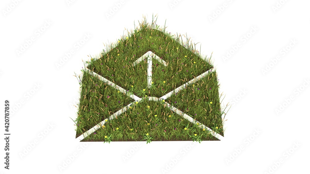 Poster 3d rendered grass field of symbol of paper open envelope isolated on white background