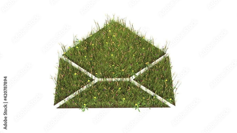 Poster 3d rendered grass field of symbol of paper open envelope isolated on white background