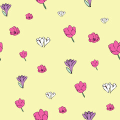 Vector yellow background white pink purple color tulips, floral seamless pattern. Seamless pattern background