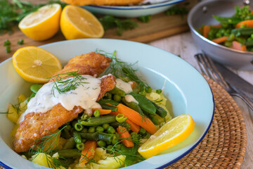 Breaded Fish with vegetables and sauce on a plate