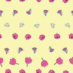 Vector yellow background white pink purple color tulips, floral seamless pattern. Seamless pattern background