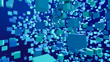 Fototapeta premium Blockchain internet connect nodes of big data, Blocks of data scattering in blue cyberspace background, 3D rendering abstract digital decentralized network technology concept