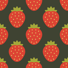 Strawberries pattern on dark background. Flat design strawberry wallpaper texture.