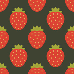 Strawberries pattern on dark background. Flat design strawberry wallpaper texture.