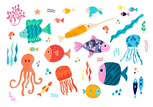 A set of vector elements with colorful tropical sea fish, octopuses and sea animals in a Scandinavian style on a white background. Children's vector illustration for pajamas, fabrics, postcards