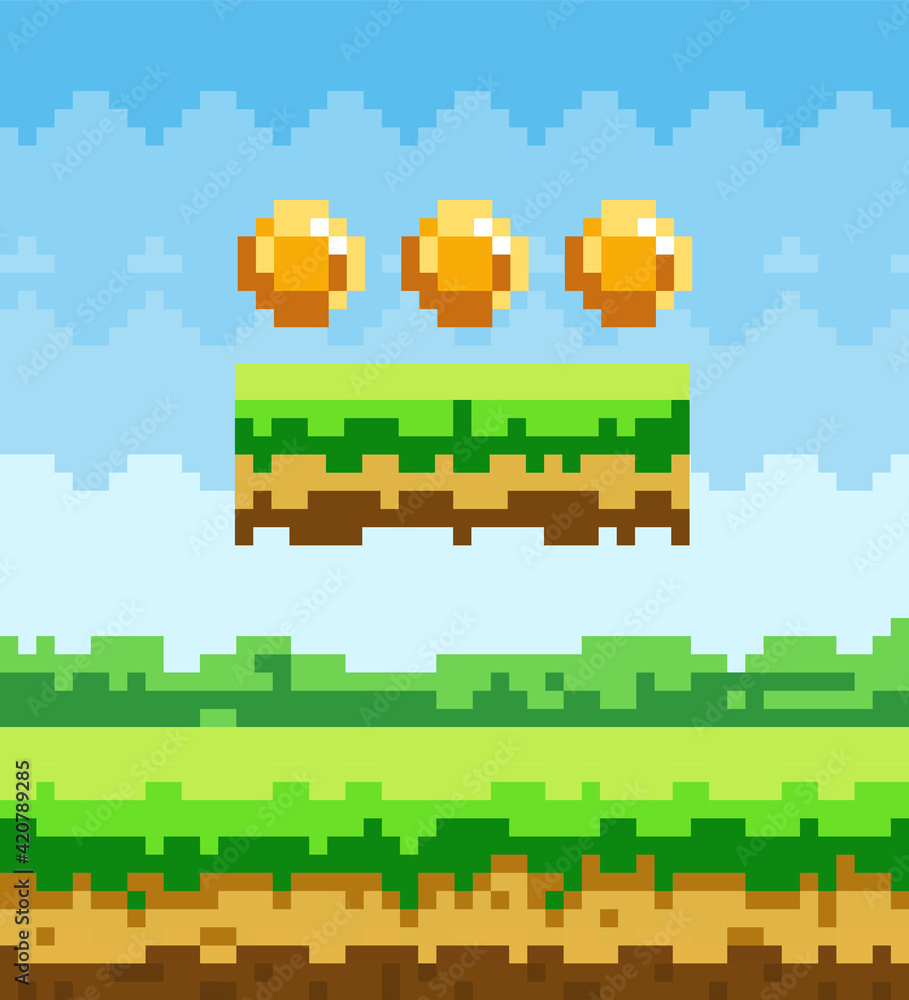 Poster pixel-game background with coins in the sky. pixel art game scene with award on green grass platform
