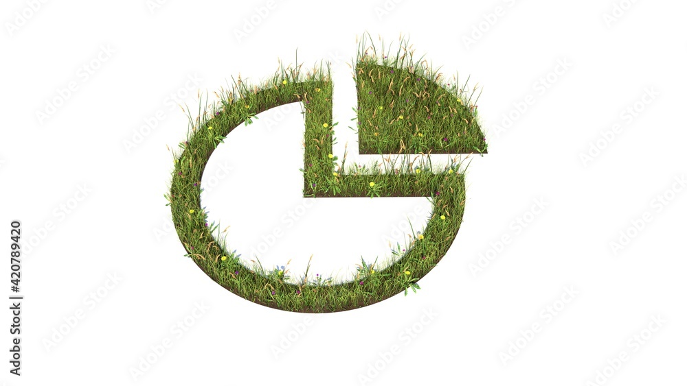 Poster 3d rendered grass field of symbol of pie chart isolated on white background